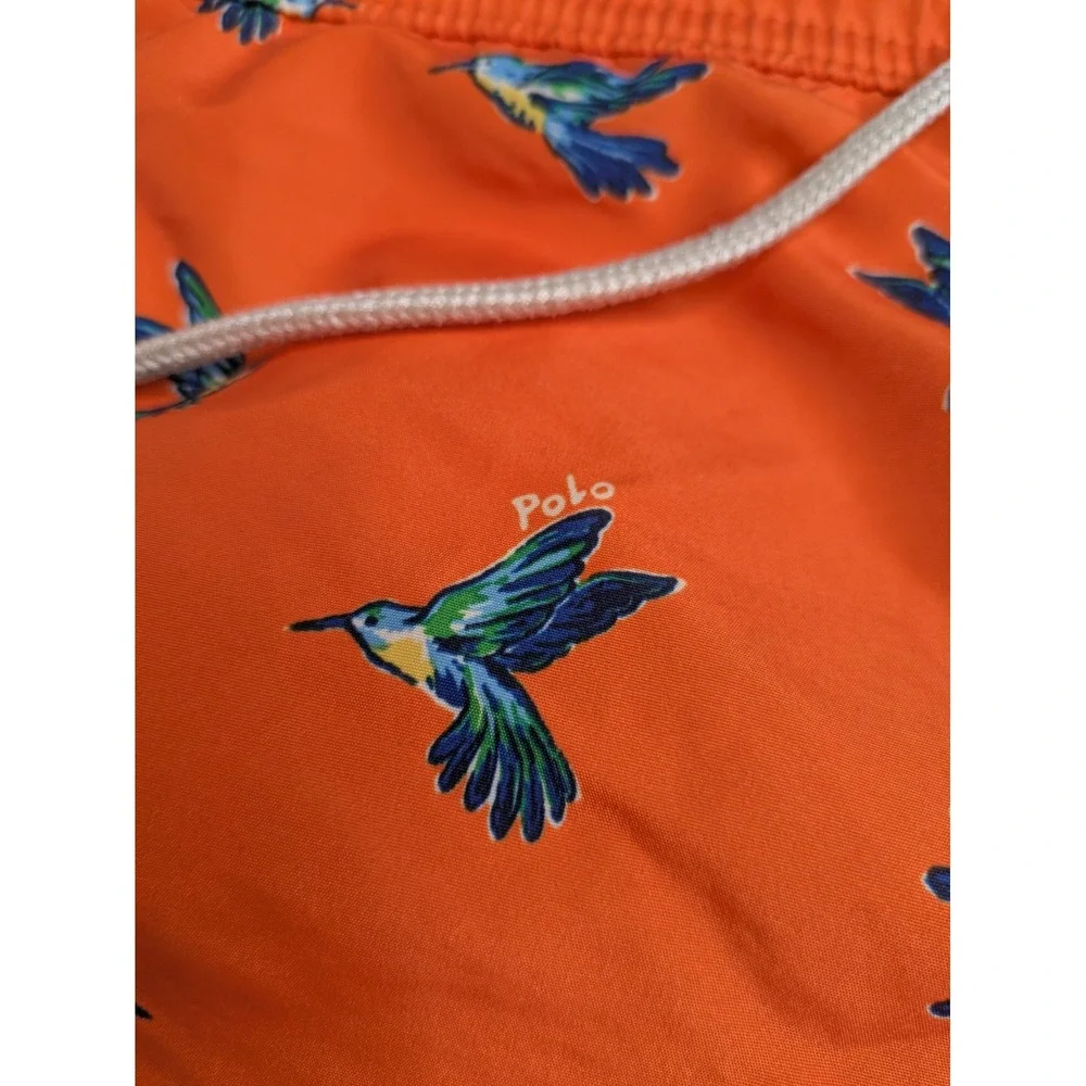 Polo Ralph Lauren Swim Trunks Mens M Hummingbird Print Orange Drawstring Beach